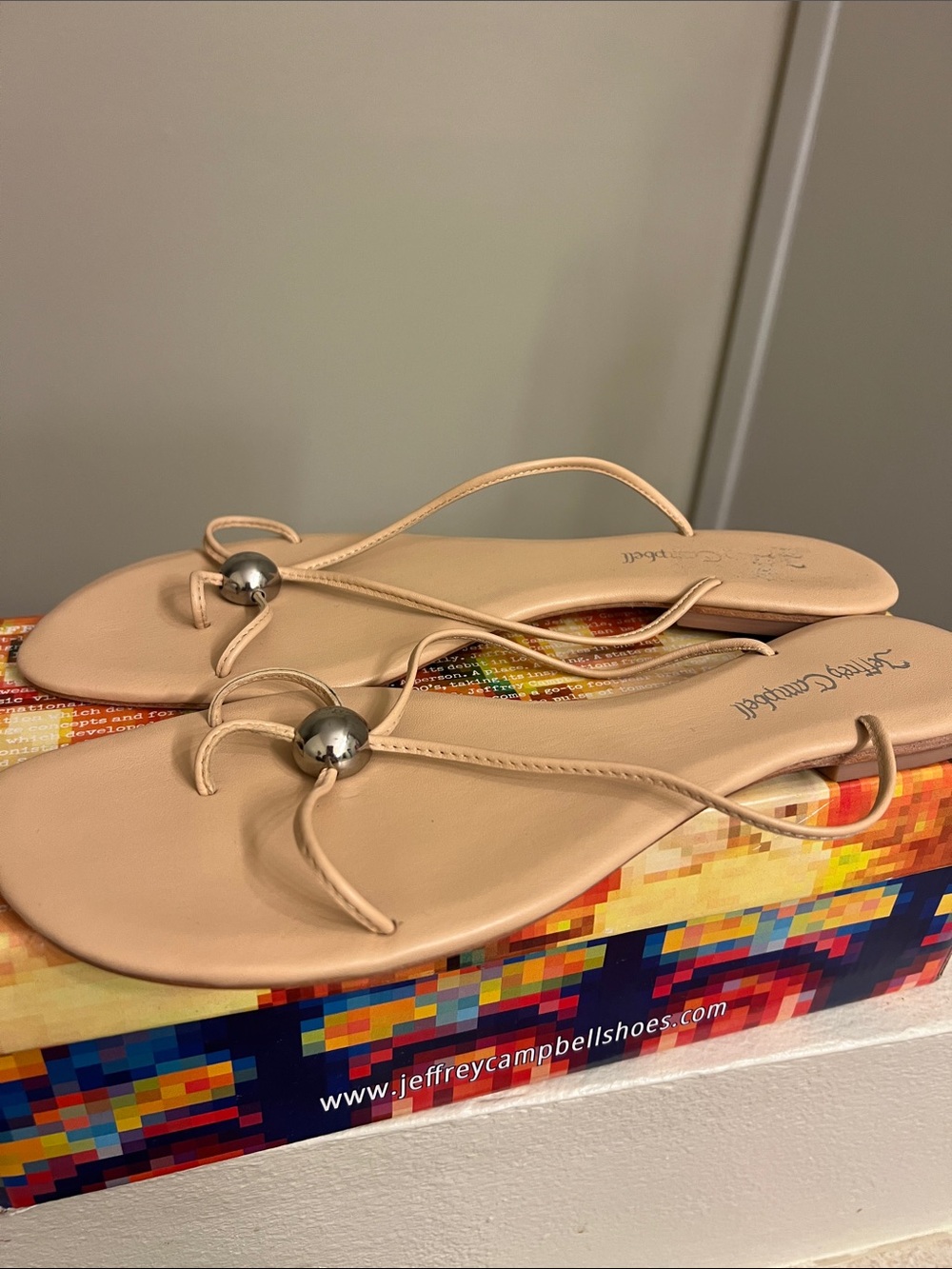 Jeffrey Campbell Nude Leather Thong Sandals with Silver Bead